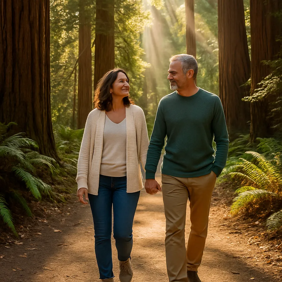 Couple walking through Pacific Northwest forest